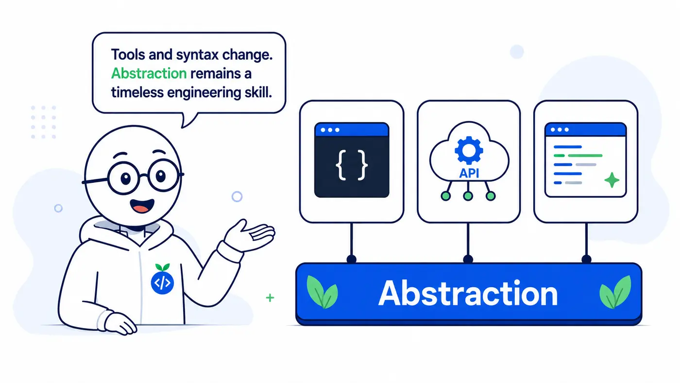 Sam explains that tools and syntax change while abstraction remains a timeless engineering skill, illustrated with code, an API, and generated software.