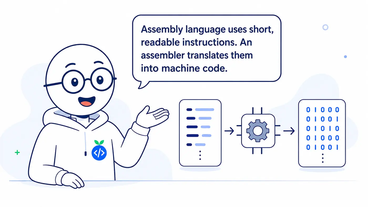 Readable assembly instructions passing through an assembler and becoming processor machine code.