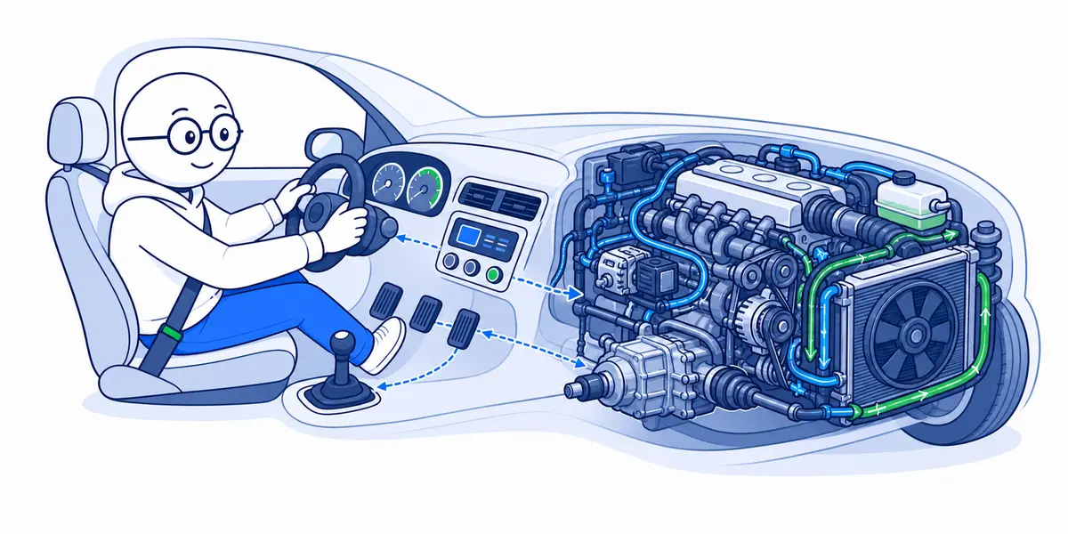 A driver using simple car controls connected to the hidden engine, transmission, radiator fan, and cooling circuit.