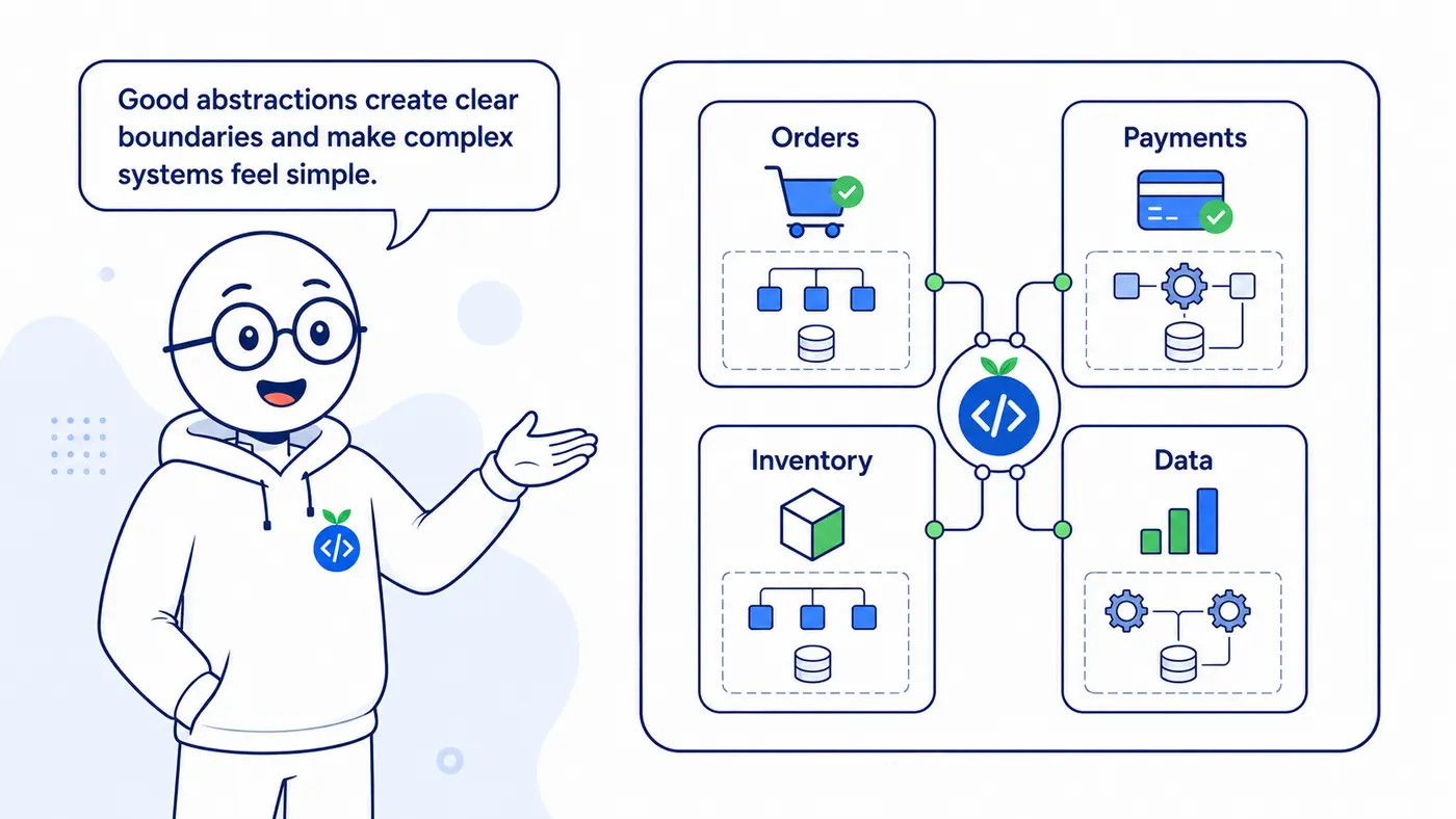 Sam explains that good abstractions create clear boundaries, with orders, payments, inventory, and data represented as focused parts of a simpler system.
