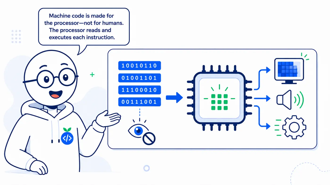 Machine-code instructions flowing into a processor that produces visible, audible, and mechanical results.