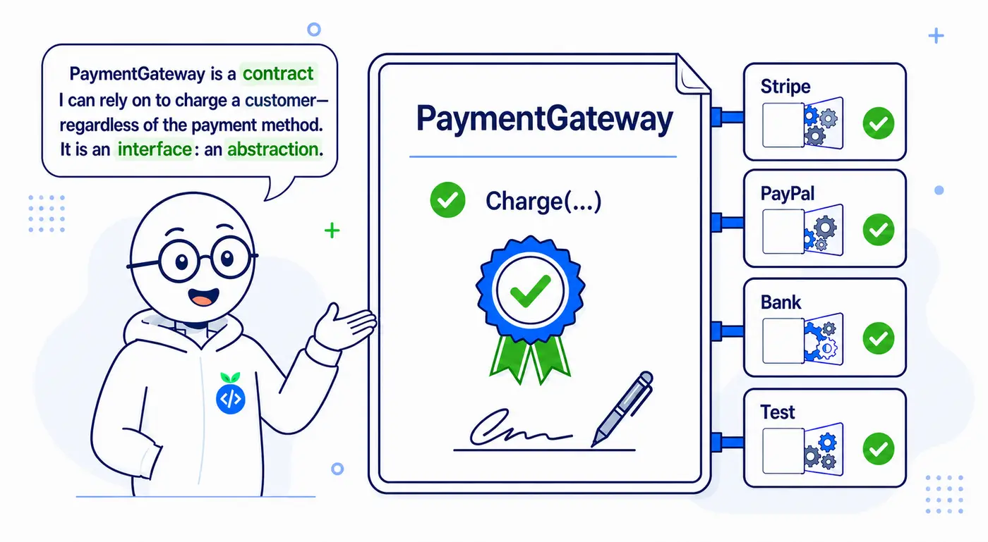 A PaymentGateway contract exposing one Charge operation while allowing Stripe, PayPal, bank, and test implementations.